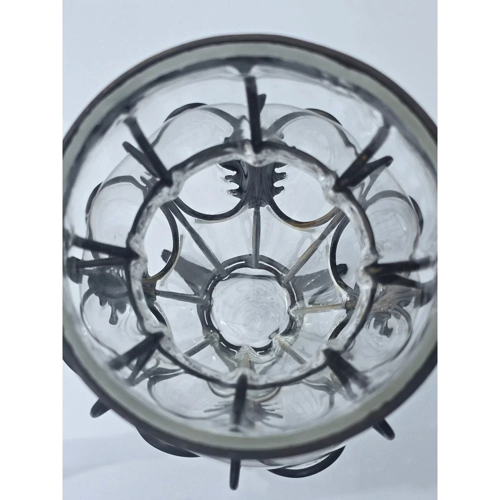 Wrought Iron and Caged Blown Glass Amphora Vase Scrolled Handles Rustic 15.5in - Picture 4 of 7